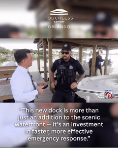 Belle Isle Police officers demonstrating rapid boat deployment with Touchless Cover® automated system on Lake Conway patrol dock