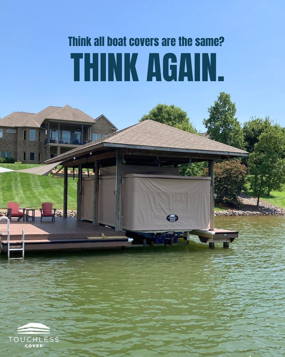 A pontoon boat under a custom Touchless Cover® canopy at a lakeside dock, showcasing nationwide dealer access and ultimate protection.